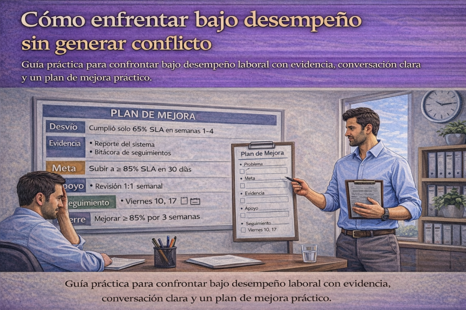 Jefatura abordando bajo desempeño con evidencia, conversación clara y plan de mejora práctico en reunión laboral