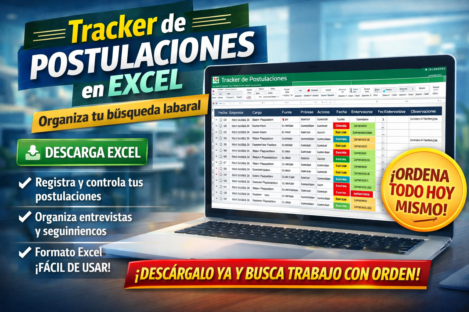 Tracker de postulaciones en Excel de Faro Talento, plantilla descargable para organizar búsqueda de trabajo, entrevistas y seguimiento laboral en Chile.