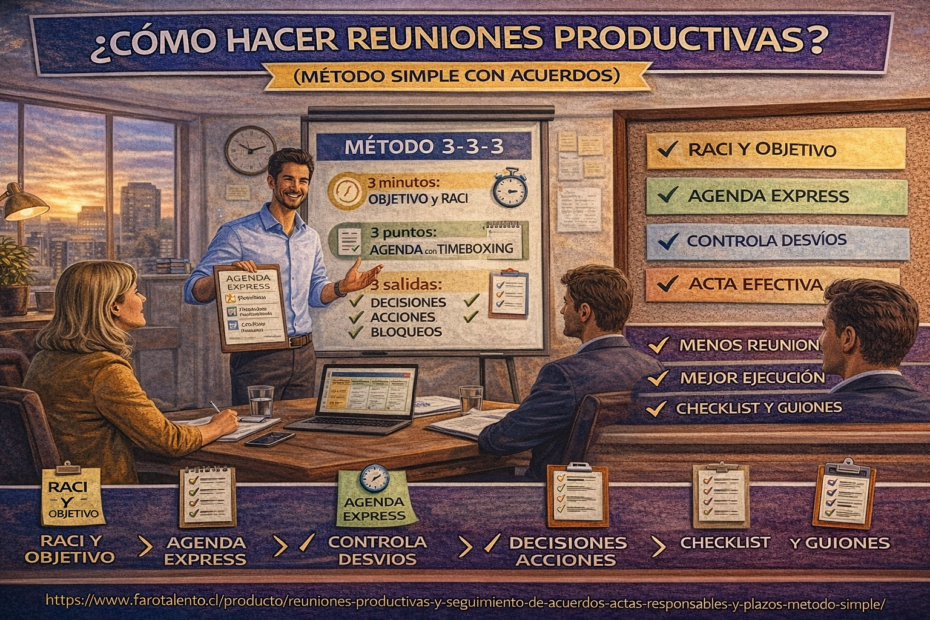 Cómo hacer reuniones productivas con método 3-3-3: objetivo, agenda express, timeboxing y cierre con acuerdos