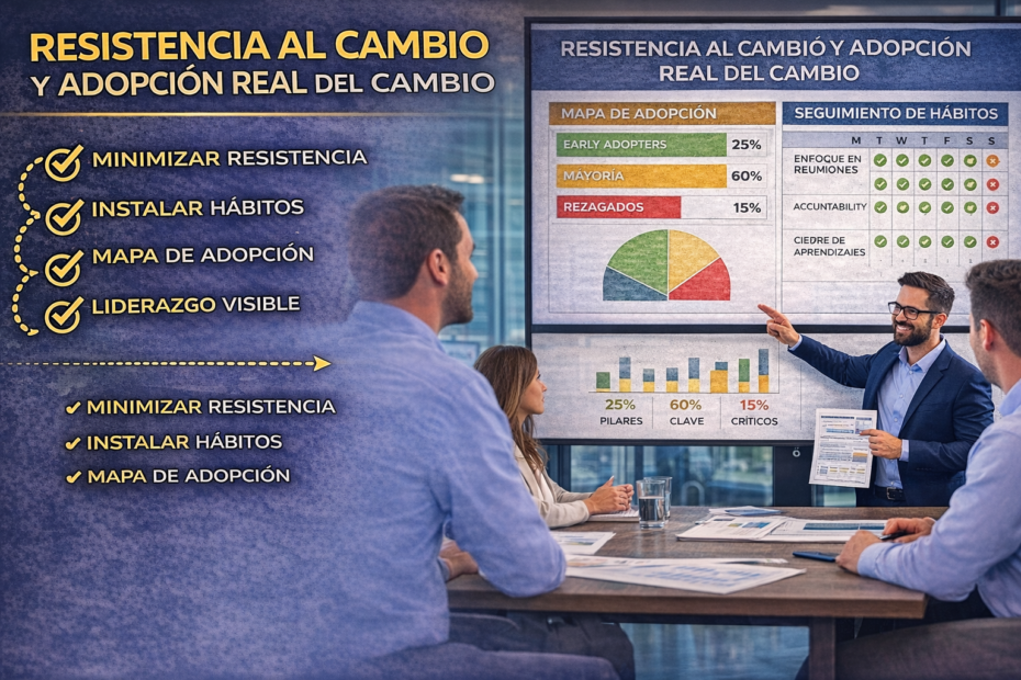 Equipo gerencial revisando resistencia al cambio, adopción real y seguimiento de hábitos en tablero ejecutivo