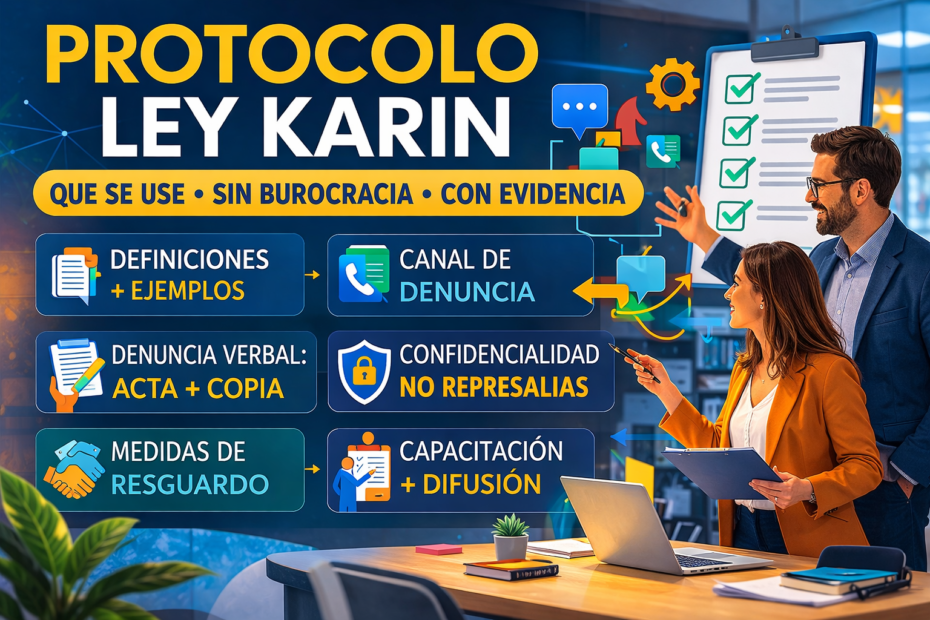 Checklist de protocolo Ley Karin para empresas en Chile: canal de denuncia, acta en denuncia verbal, confidencialidad, medidas de resguardo y capacitación a jefaturas.