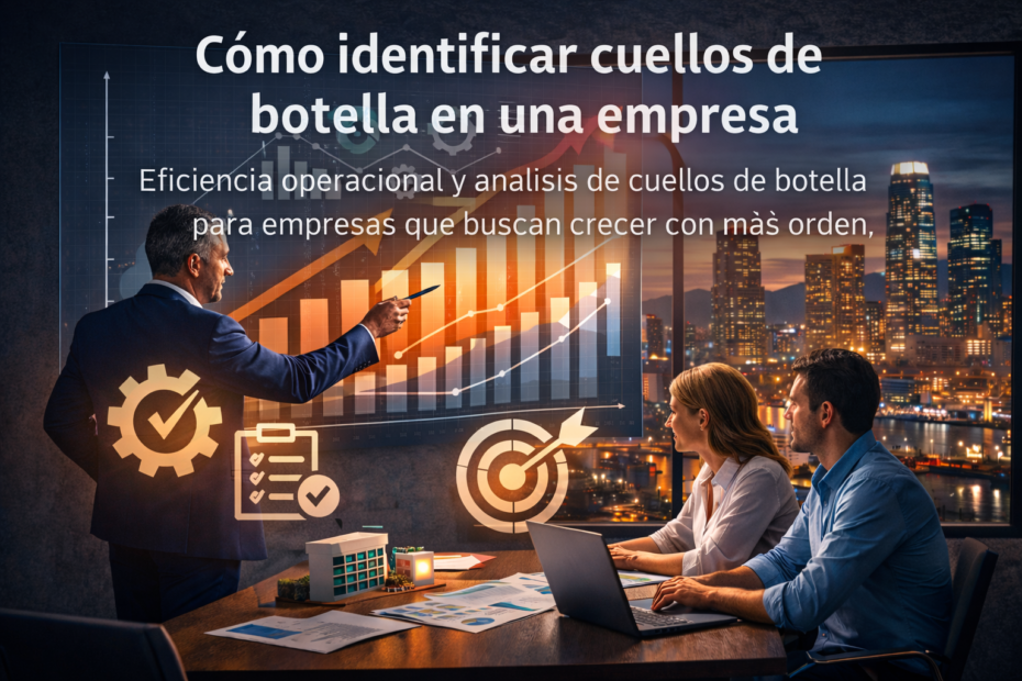 Equipo gerencial analizando cuellos de botella y eficiencia operacional en una empresa en crecimiento