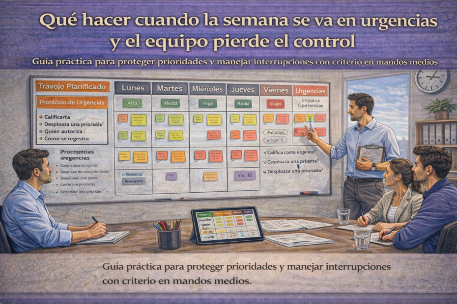 Jefatura gestionando urgencias semanales con tablero visual, protocolo de interrupciones y prioridades protegidas en reunión de equipo