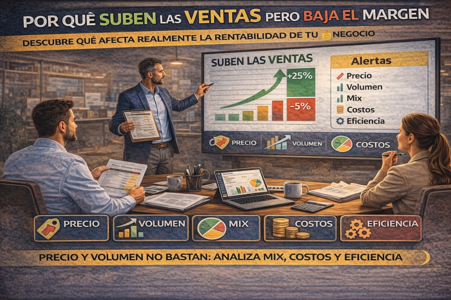 Por qué suben las ventas pero baja el margen con análisis de precio, volumen, mix, costos y eficiencia