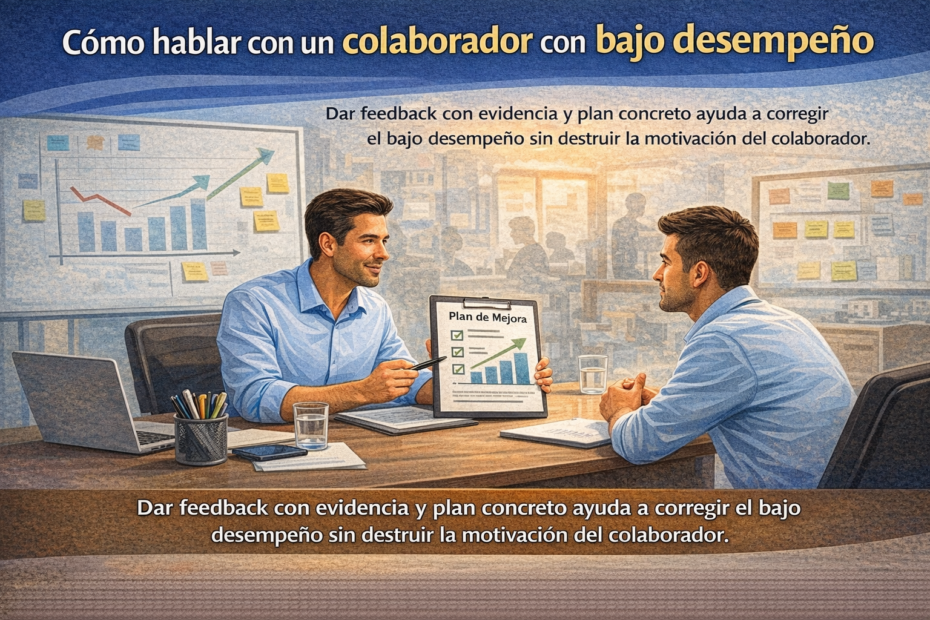 Jefatura conversando con colaborador sobre bajo desempeño con feedback claro, evidencia y plan de mejora