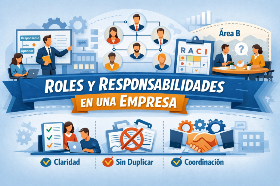 Ilustración horizontal sobre roles y responsabilidades en una empresa, con organigrama, matriz RACI, coordinación entre áreas y prevención de duplicidad de funciones.