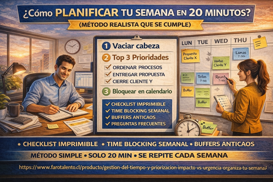 Cómo planificar tu semana en 20 minutos con top 3 prioridades, time blocking y buffers para imprevistos
