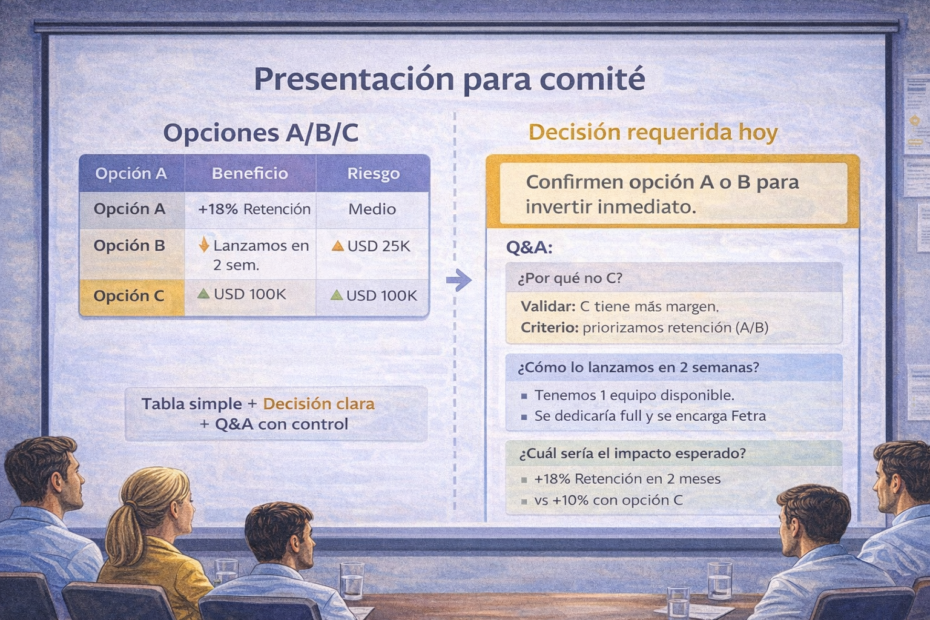 Presentación para comité ejecutivo con opciones A/B/C, trade-offs y sección de Q&A con control para cerrar una decisión y próximos pasos.
