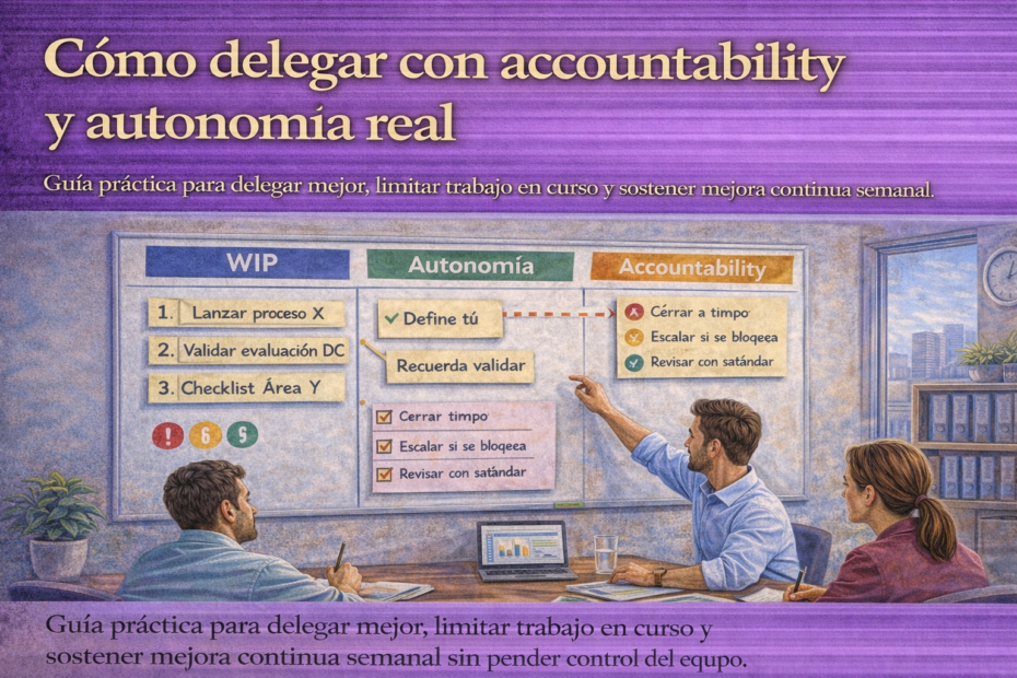 Jefatura delegando trabajo con accountability, autonomía real y límites WIP en reunión de seguimiento del equipo