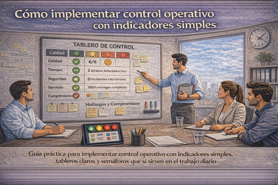 Jefatura usando tablero de control operativo con KPIs simples, semáforos de cumplimiento y hallazgos en reunión de equipo