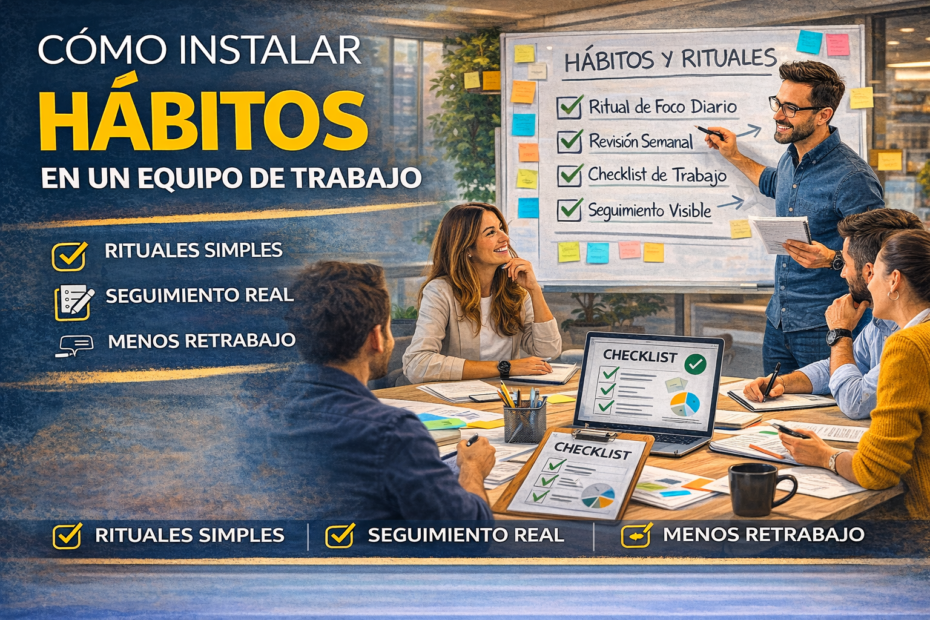 Equipo de trabajo instalando hábitos y rituales con checklist y seguimiento visible en una reunión, ilustración horizontal sobre cómo instalar hábitos en un equipo de trabajo.