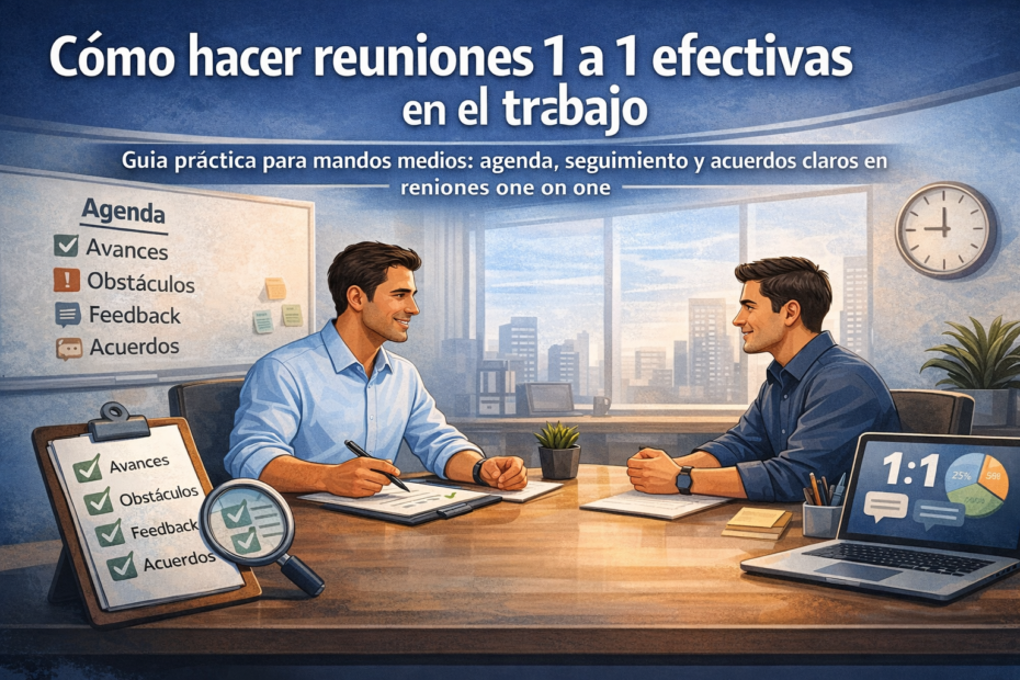 Reunión 1 a 1 efectiva entre jefatura y colaborador con agenda, seguimiento y acuerdos claros en oficina