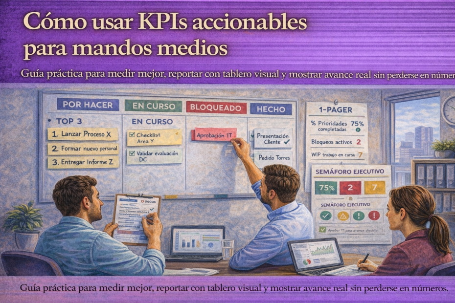 Jefatura usando KPIs accionables, tablero visual Kanban y semáforo ejecutivo para controlar la ejecución del equipo en reunión laboral