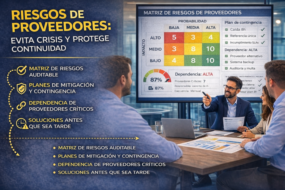 Equipo gerencial revisando matriz de riesgos de proveedores y planes de mitigación en tablero ejecutivo