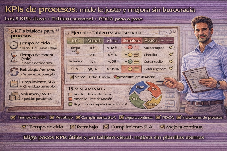 Infografía de KPIs de procesos: tiempo de ciclo, tiempo de espera, retrabajo, cumplimiento SLA y WIP, con tablero semanal y PDCA para mejorar sin burocracia.