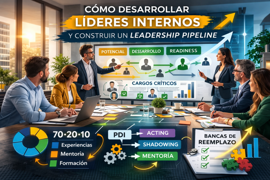 Equipo de gerencia y RRHH desarrollando líderes internos con leadership pipeline, readiness y bancas de reemplazo
