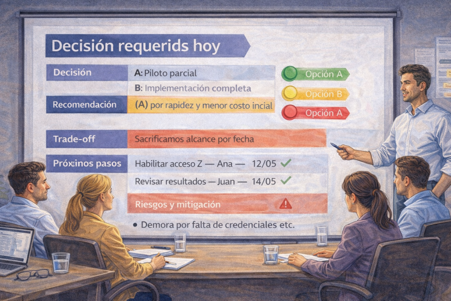 Plantilla de resumen ejecutivo en 1 slide para presentaciones a gerencia: conclusión primero, 3 mensajes clave, decisión requerida y próximos pasos con responsables.