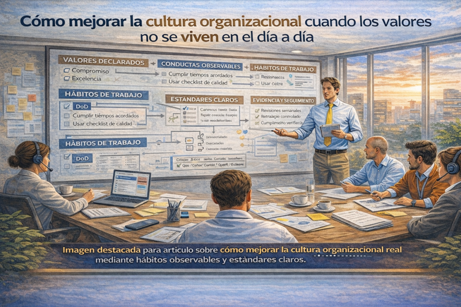 Equipo revisando valores, conductas observables, hábitos y estándares en una reunión, ilustración horizontal sobre cómo mejorar la cultura organizacional real.