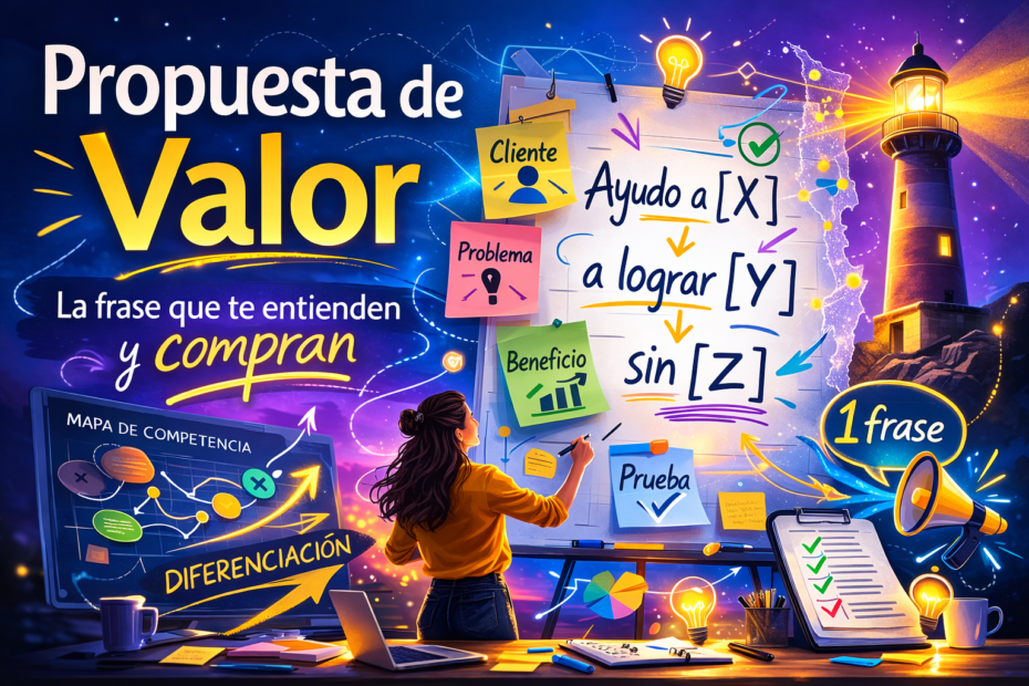 Imagen destacada “Propuesta de valor en Chile” con plantilla de 1 frase, cliente-problema-beneficio-prueba y mapa de diferenciación para vender sin humo.