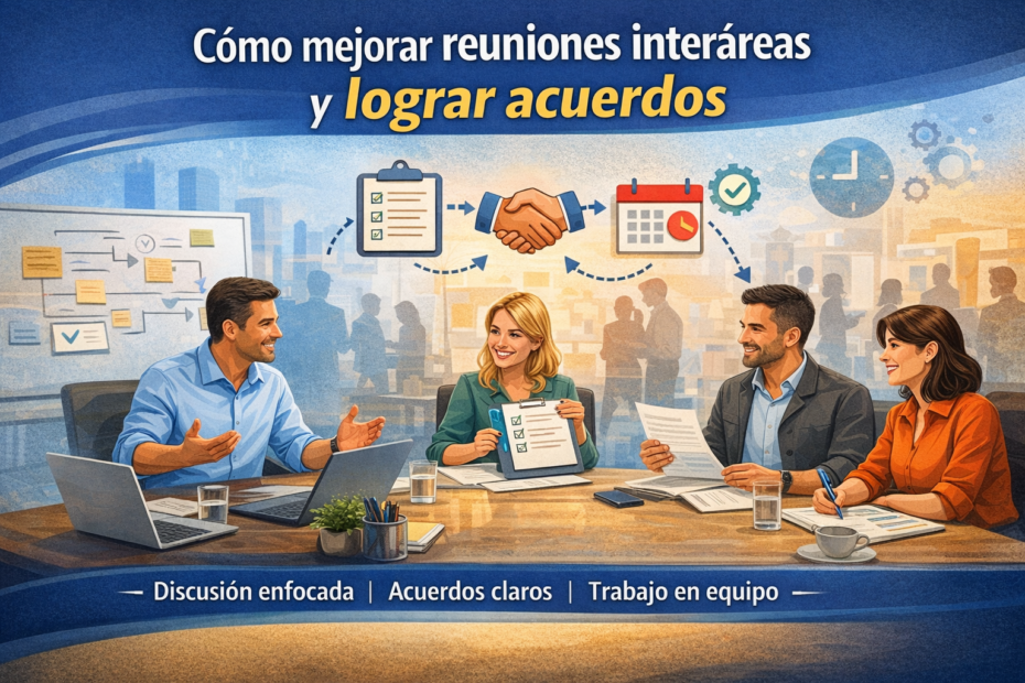 Equipo en reunión interáreas logrando acuerdos claros para mejorar la coordinación y evitar atrasos en la empresa