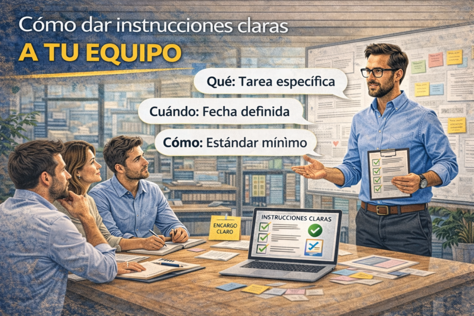 Jefatura intermedia dando instrucciones claras y alineando a su equipo en una reunión, ilustración horizontal sobre cómo comunicar expectativas y tareas con claridad.