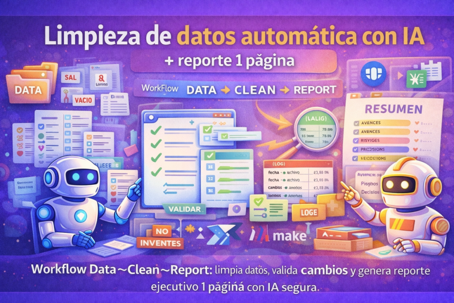 Banner “Limpieza de datos automática con IA” con flujo Data→Clean→Report, validación y trazabilidad (log) para generar un reporte ejecutivo de 1 página sin inventos.