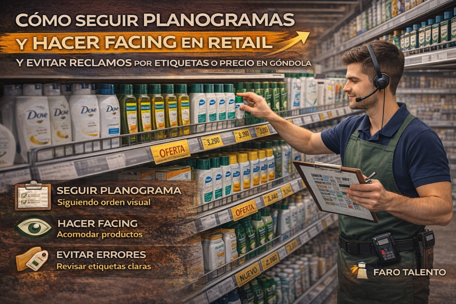 Reponedor en supermercado ordenando góndola con planograma, facing correcto y revisión de etiquetas de precio