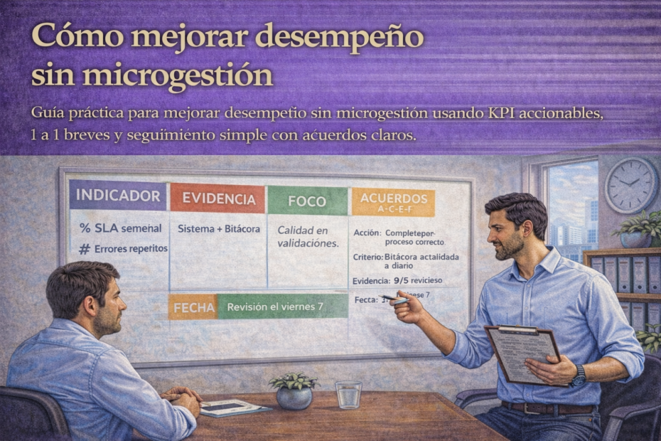 Jefatura realizando seguimiento del desempeño con KPI accionables, evidencia mínima y acuerdos claros en reunión 1 a 1