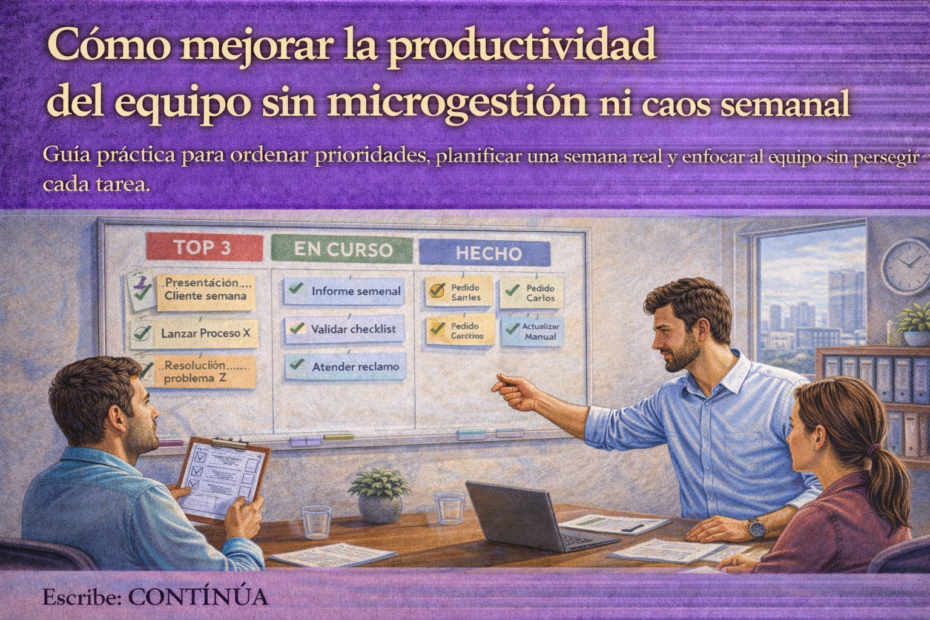 Jefatura ordenando prioridades semanales del equipo con tablero visual Top 3, tareas en curso y trabajo terminado en reunión laboral