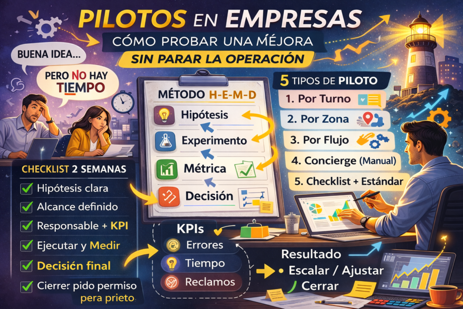 Imagen destacada sobre pilotos en empresas para probar mejoras sin parar la operación, con método Hipótesis–Experimento–Métrica (KPI)–Decisión y checklist de 2 semanas.