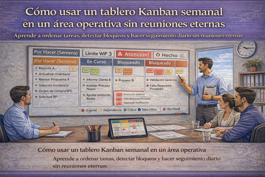 Jefatura usando tablero Kanban semanal con tareas, bloqueos y límites WIP en reunión de seguimiento diario de un equipo operativo