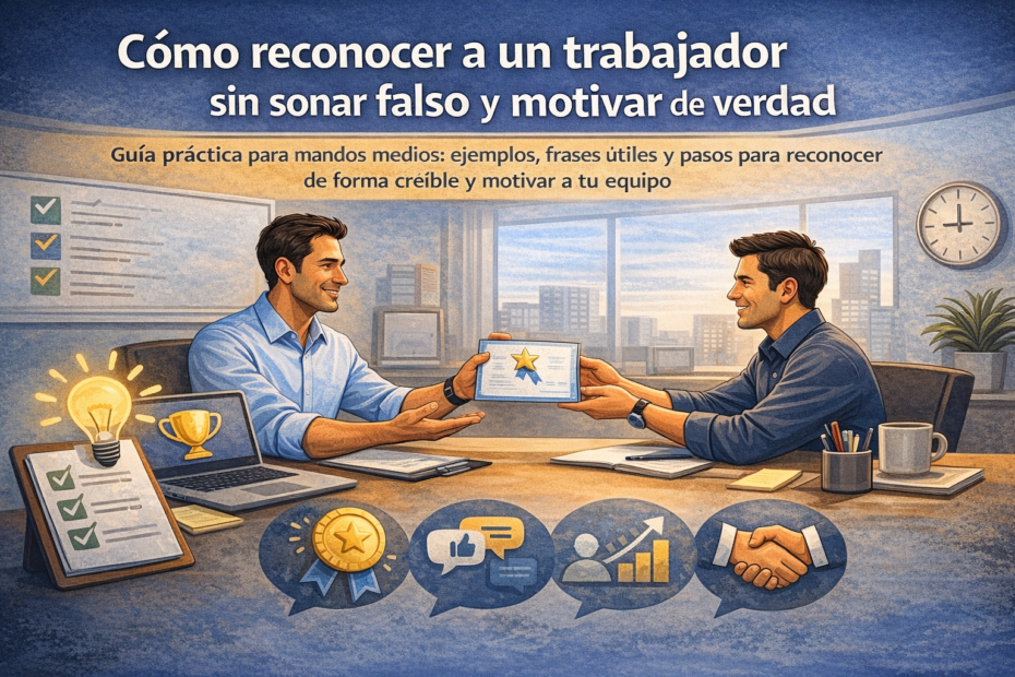 Jefatura reconociendo a trabajador en reunión laboral con enfoque de motivación, feedback positivo y liderazgo