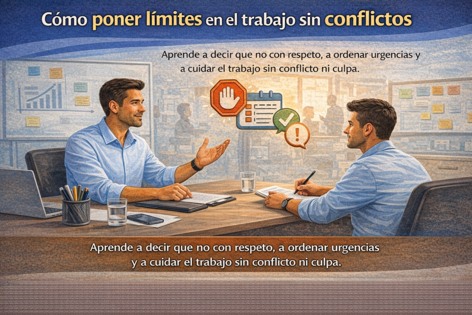 Profesional poniendo límites en el trabajo con respeto y claridad durante una conversación laboral sin conflictos