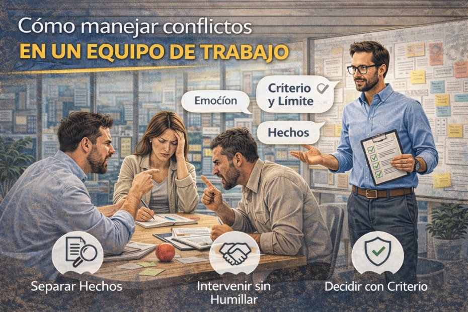 Jefatura intermedia interviniendo un conflicto entre colaboradores en una oficina, ilustración horizontal sobre cómo manejar conflictos en un equipo de trabajo con criterio y límites sanos.