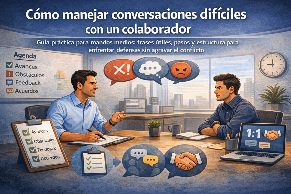 Jefatura manejando conversación difícil con colaborador en reunión 1 a 1, con enfoque de feedback y acuerdos