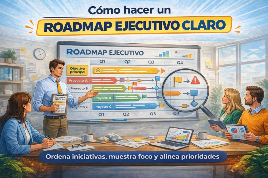 Equipo ejecutivo revisando un roadmap estratégico en pantalla, ilustración horizontal sobre cómo hacer un roadmap ejecutivo claro para alinear prioridades.