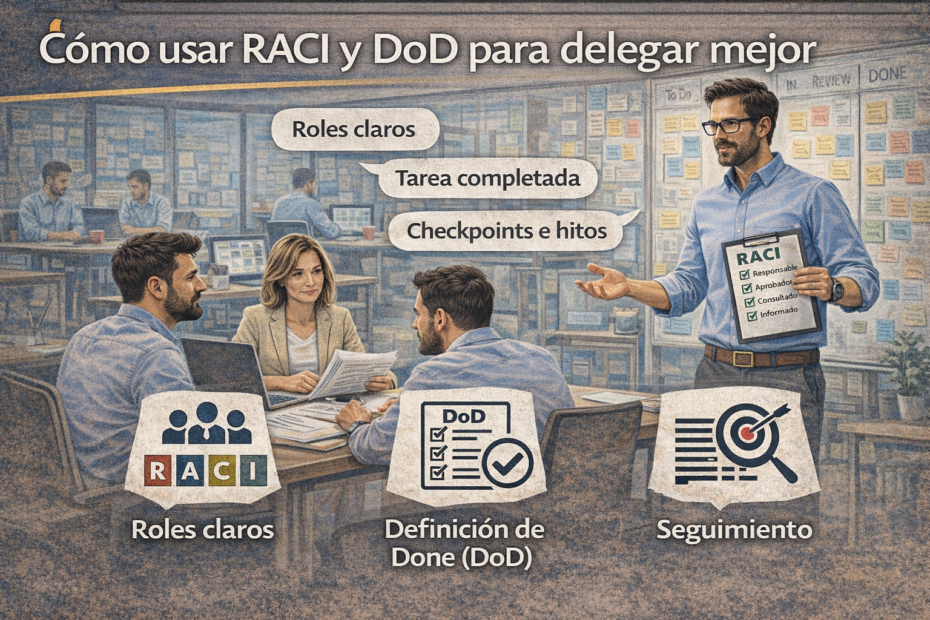 Jefatura explicando RACI, DoD y seguimiento inteligente a su equipo en una reunión, ilustración horizontal sobre cómo usar herramientas prácticas para delegar mejor.