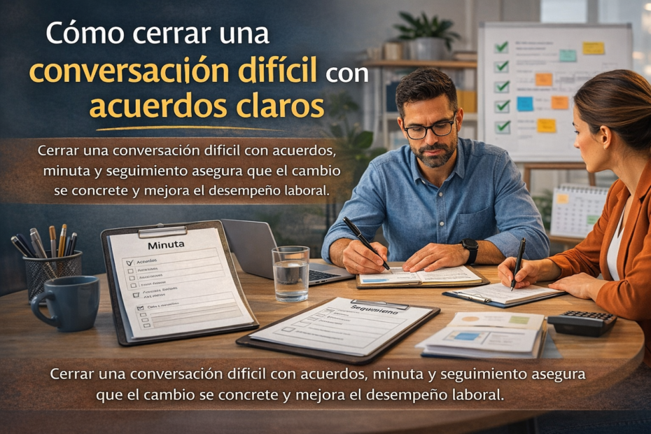 Profesionales cerrando una conversación difícil con acuerdos claros, minuta y seguimiento para mejorar el desempeño laboral