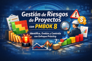 Portada del Curso Gestión de Riesgos de Proyectos con PMBOK 8 con matriz de riesgos, gráficos, alertas, checklist y analista evaluando riesgos de proyecto
