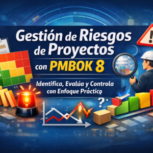 Portada del Curso Gestión de Riesgos de Proyectos con PMBOK 8 con matriz de riesgos, gráficos, alertas, checklist y analista evaluando riesgos de proyecto