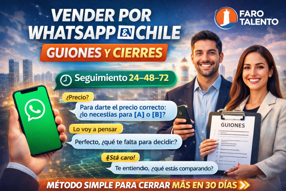 Banner “Vender por WhatsApp en Chile” con guiones de ventas, seguimiento 24-48-72 y ejemplos para responder precio, objeciones y cerrar más.