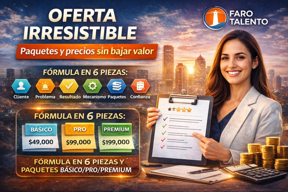 Banner “Oferta irresistible” con fórmula en 6 piezas y paquetes Básico/Pro/Premium para definir propuesta de valor y precios sin bajar valor en Chile.