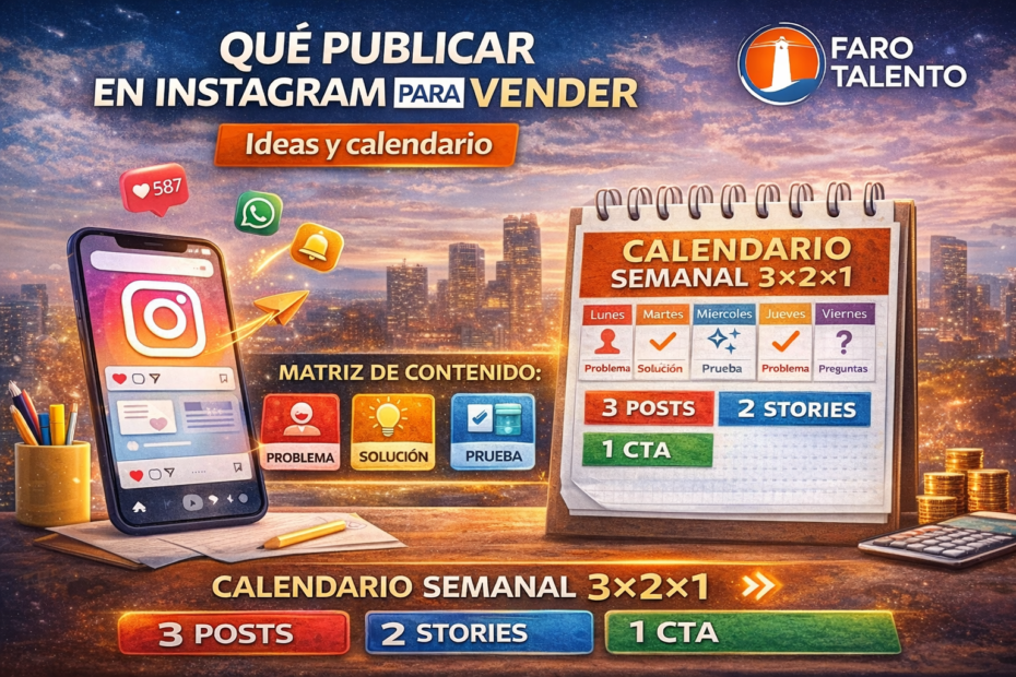 Banner “Qué publicar en Instagram para vender” con matriz de contenido (problema, solución, prueba) y calendario semanal 3×2×1 para generar mensajes y ventas.