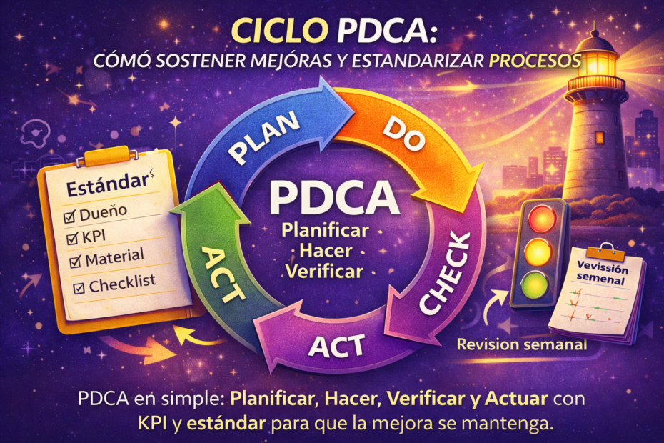 Ciclo PDCA en simple para sostener mejoras y estandarizar procesos en el trabajo, con checklist de estándar, KPI y revisión semanal.