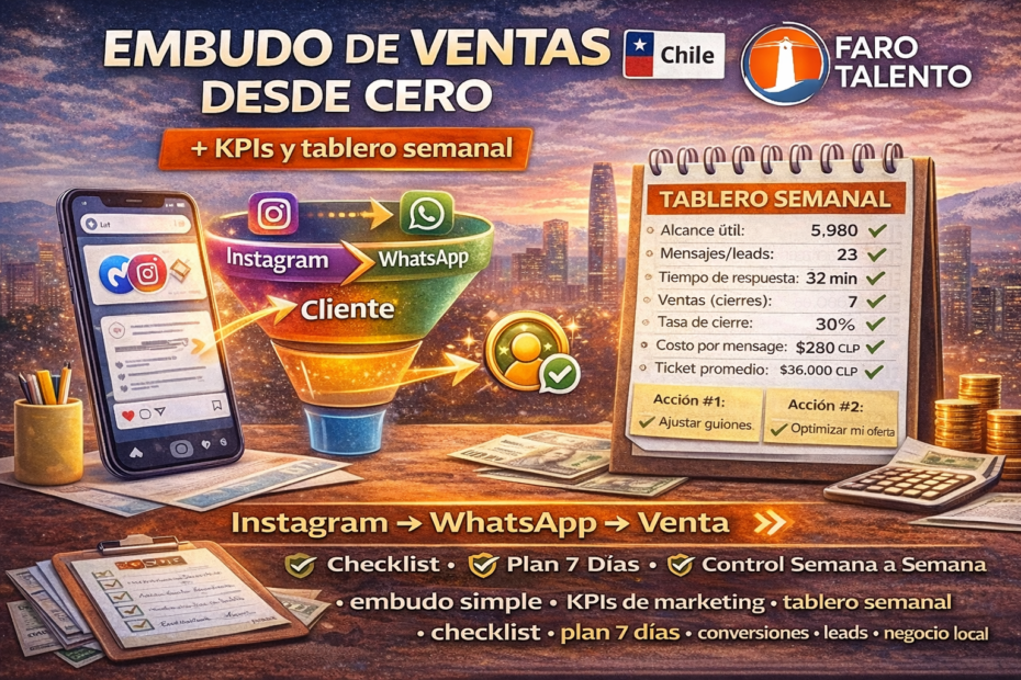 Banner “Embudo de ventas desde cero” en Chile con Instagram→WhatsApp→Venta, KPIs clave y tablero semanal para medir mensajes, cierres y mejorar cada semana.