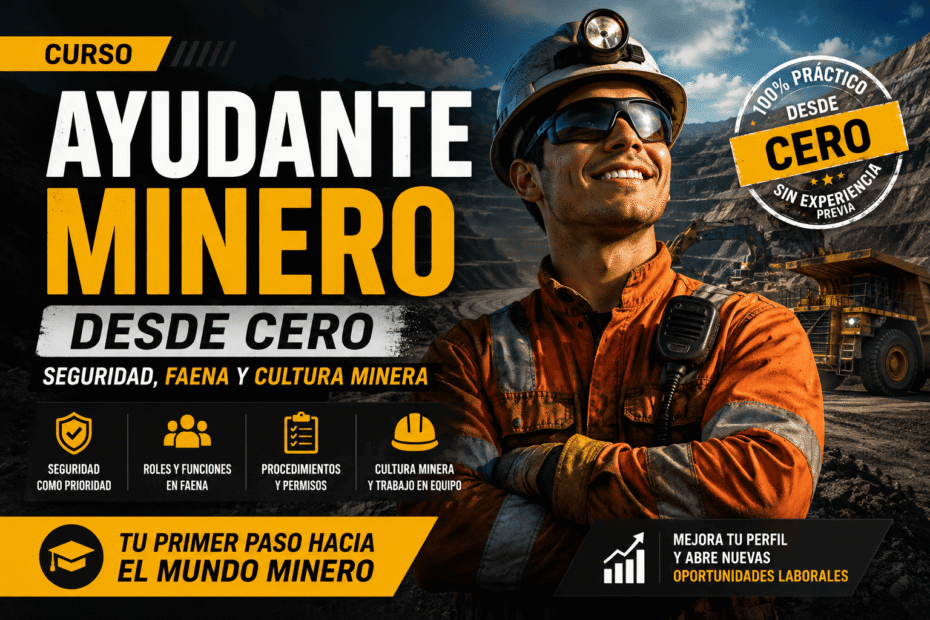 Curso Ayudante Minero desde Cero en Chile con trabajador en faena minera, seguridad, EPP, roles, procedimientos y cultura minera