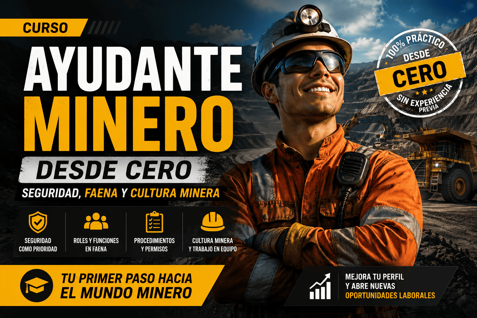 Curso Ayudante Minero desde Cero en Chile con trabajador en faena minera, seguridad, EPP, roles, procedimientos y cultura minera