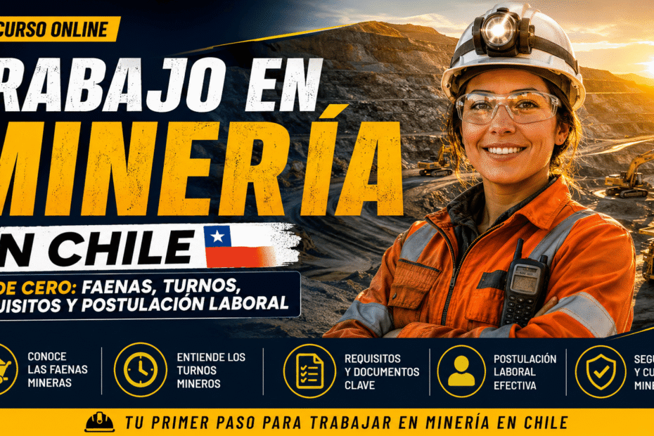 Curso Trabajo en Minería en Chile desde Cero con trabajadora minera en faena, maquinaria pesada, turnos, requisitos y postulación laboral