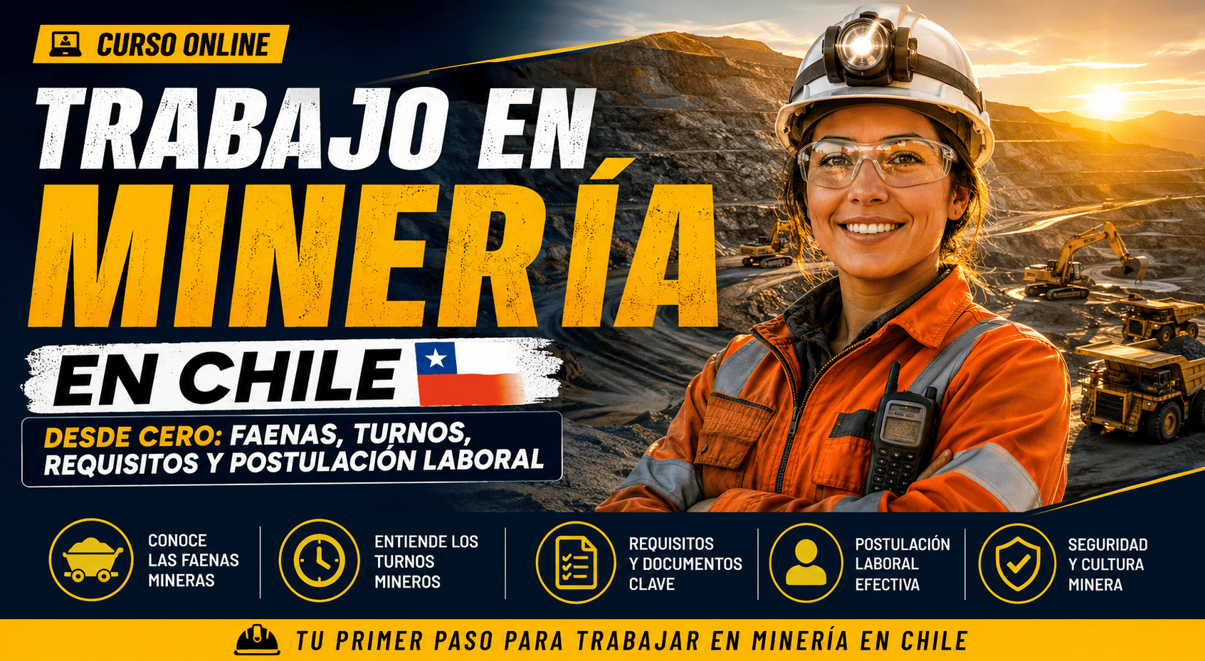 Curso Trabajo en Minería en Chile desde Cero con trabajadora minera en faena, maquinaria pesada, turnos, requisitos y postulación laboral