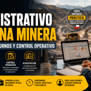 Curso Administrativo de Faena Minera en Chile con trabajadora revisando documentos, turnos y control operativo frente a una faena minera